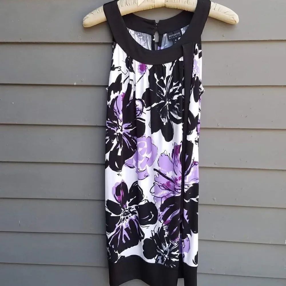 Enfocus Floral Purple/Black/White Dress - Stretchy  Size 8